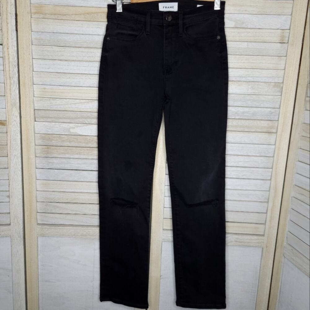 Frame Le High Straight Distressed Knee Black Jeans Womens Size 25 Reg Maverick